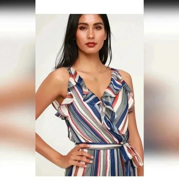 Lulu's Divine Time Blue and Grey Multi Striped Wide-Leg Jumpsuit - Picture 4 of 7